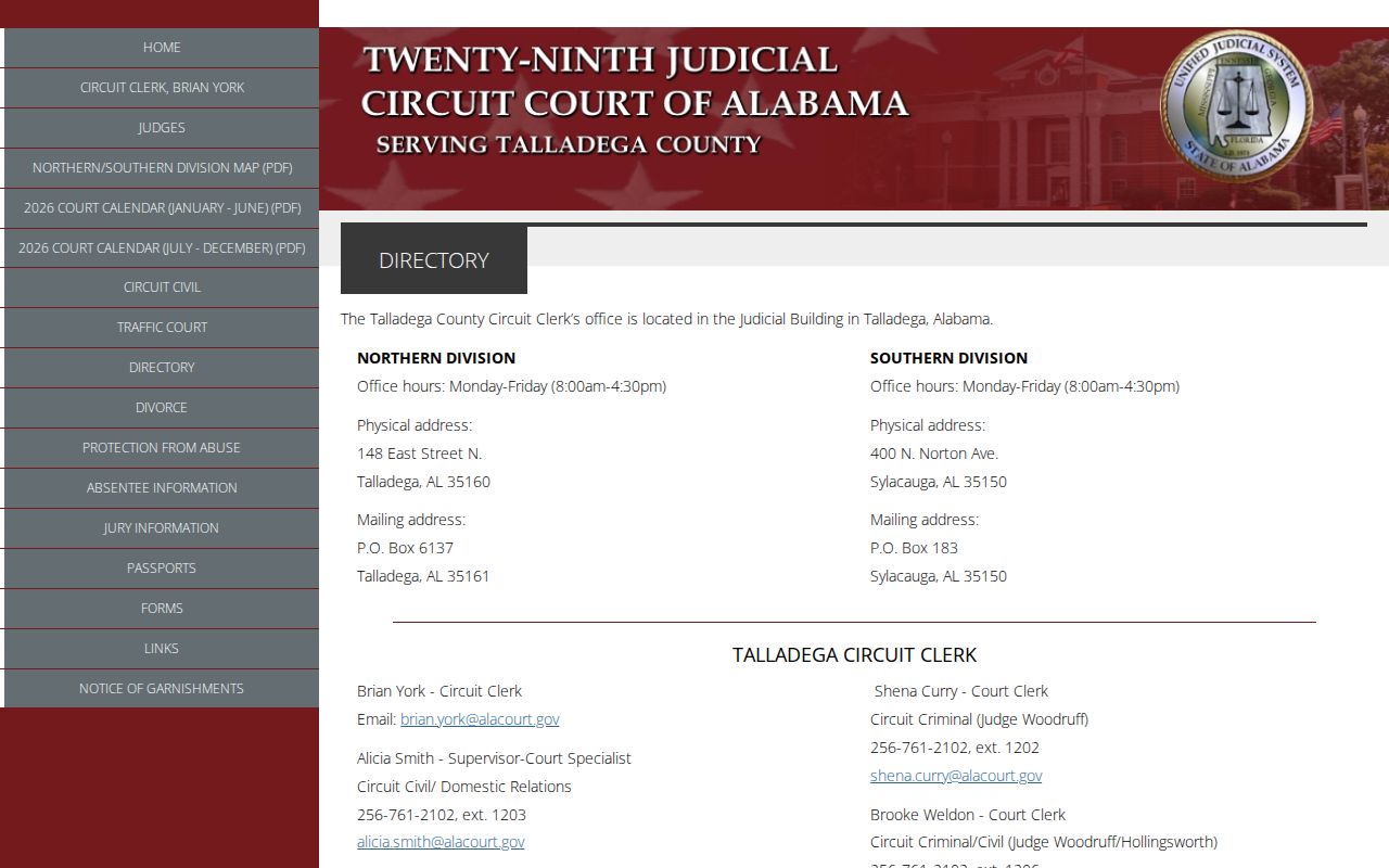 Talladega County 29th Judicial Circuit clerk directory