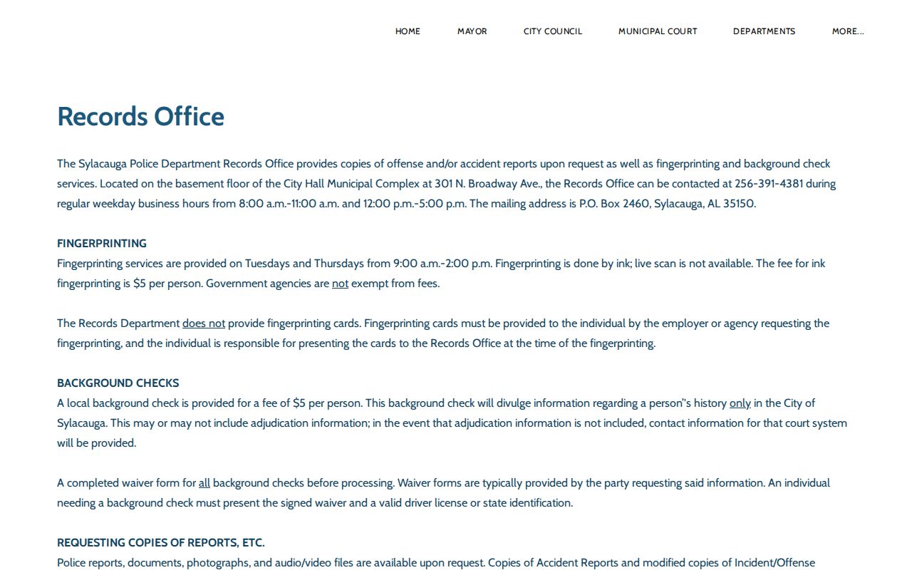 Sylacauga Police Records Office arrest report and subpoena information