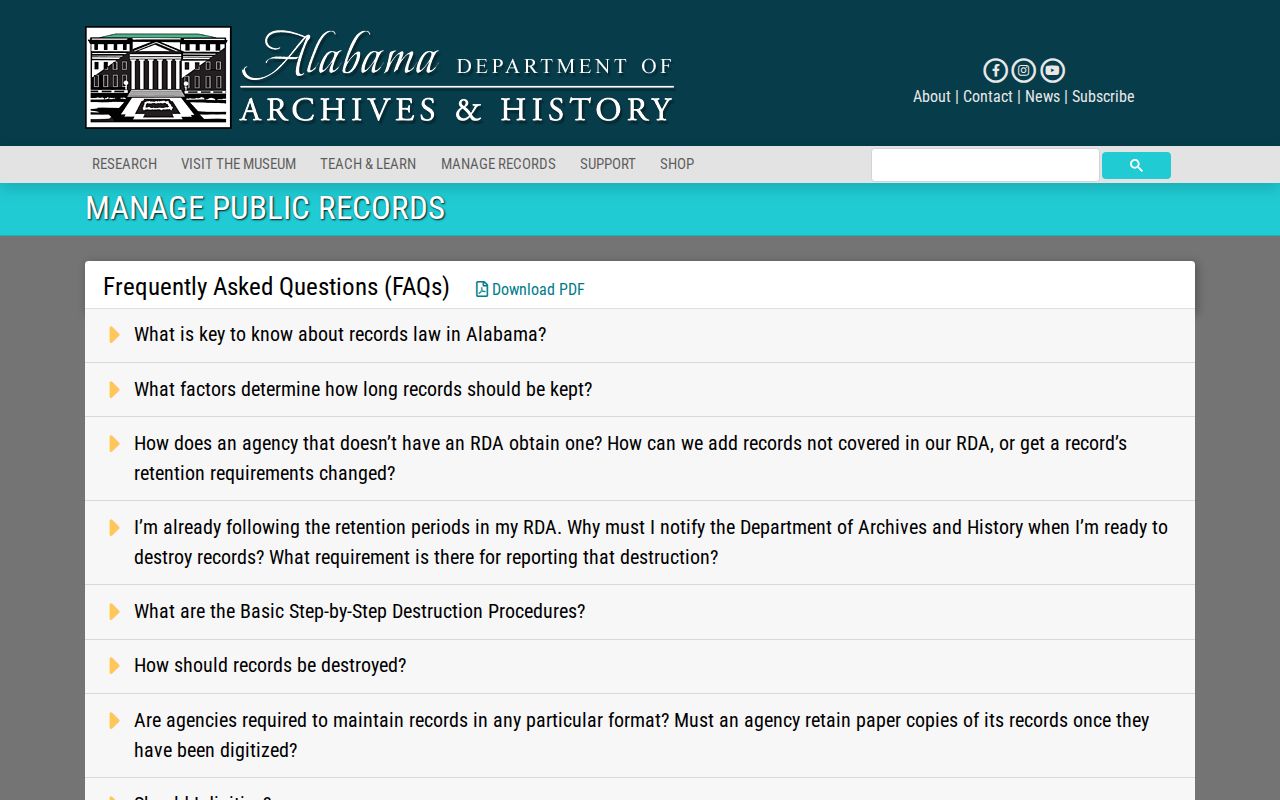 Alabama Archives records-management FAQ about retention and destruction
